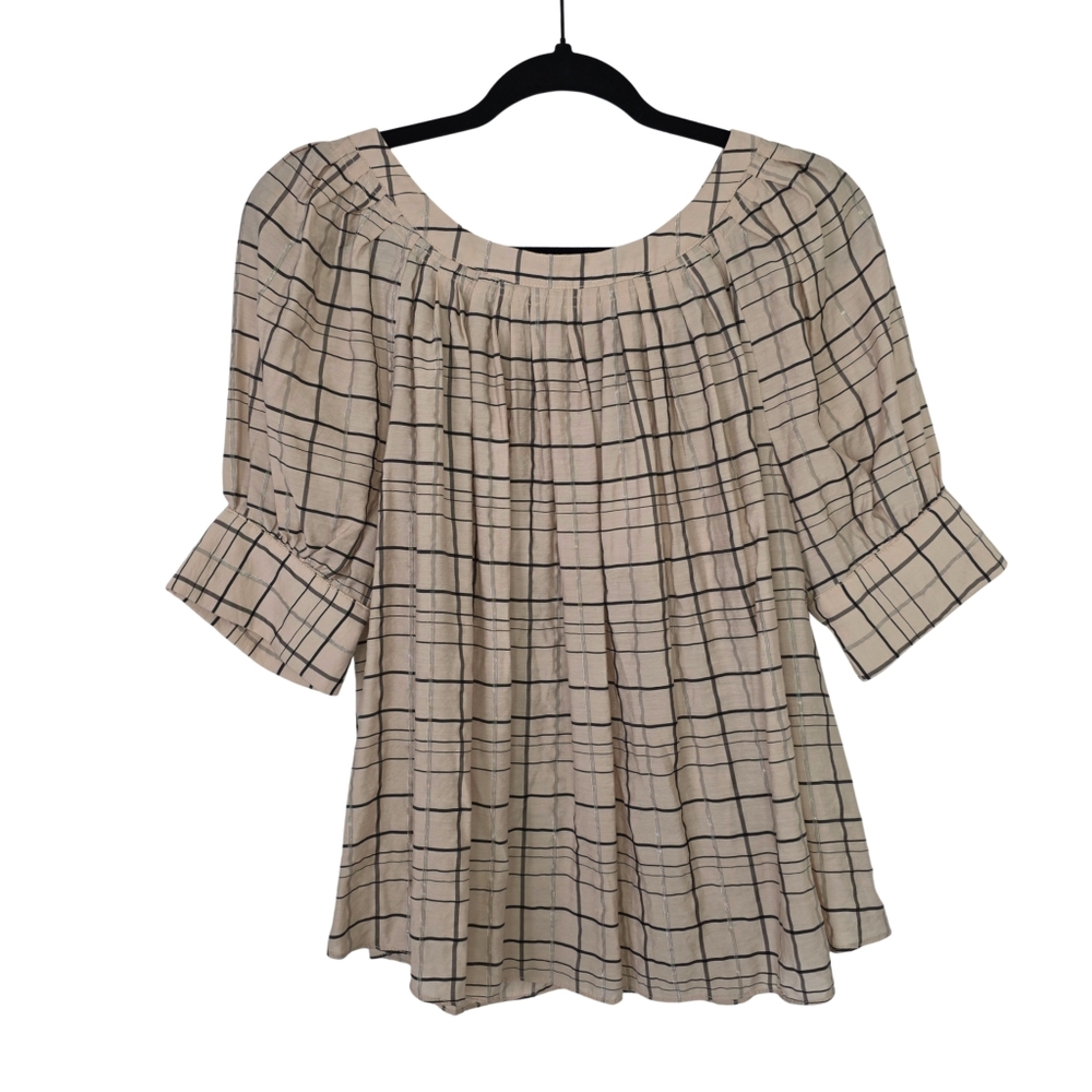 Current Air Anthropologie Metallic Windowpane Plaid Puff Sleeve Top Size S